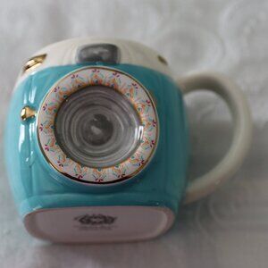 Natural Life Blue Folk Art Vintage Camera Coffee Mug Gold Accents Whimsical